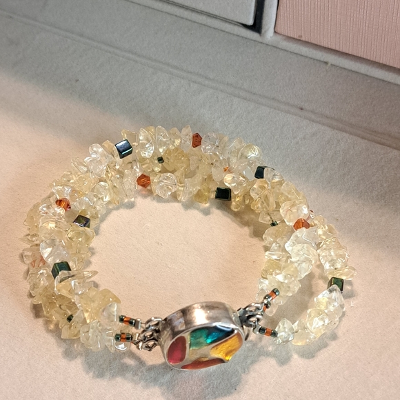 Beaded Triple Strand Crystal Bracelet with Sterling Silver Ornate Clasp 7"L - Picture 2 of 6